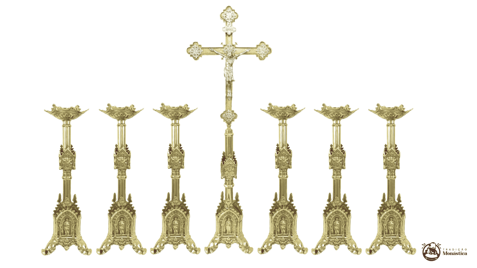 Conjunto de Castiçal de Vela e Cruz para Altar - Gótico - 7pçs Bronze