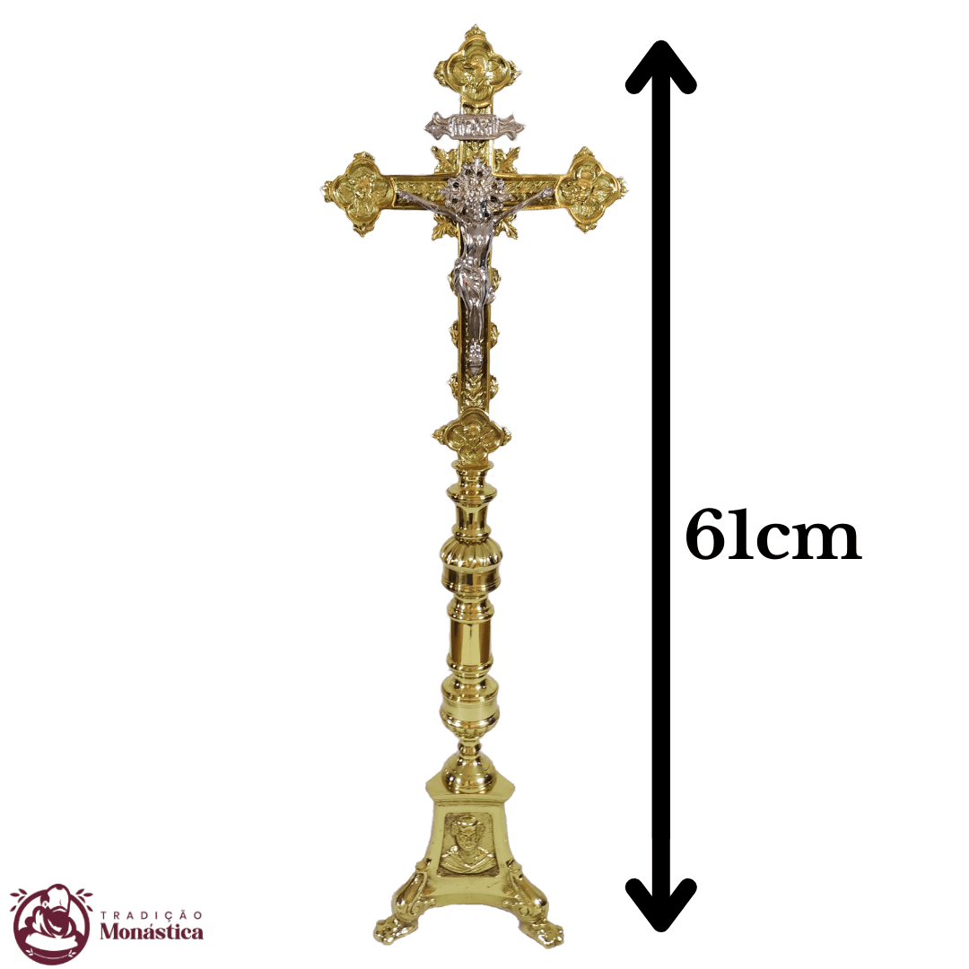Conjunto de Castiçal de Vela e Cruz para Altar - Base JMJ Grande - Bronze - 5