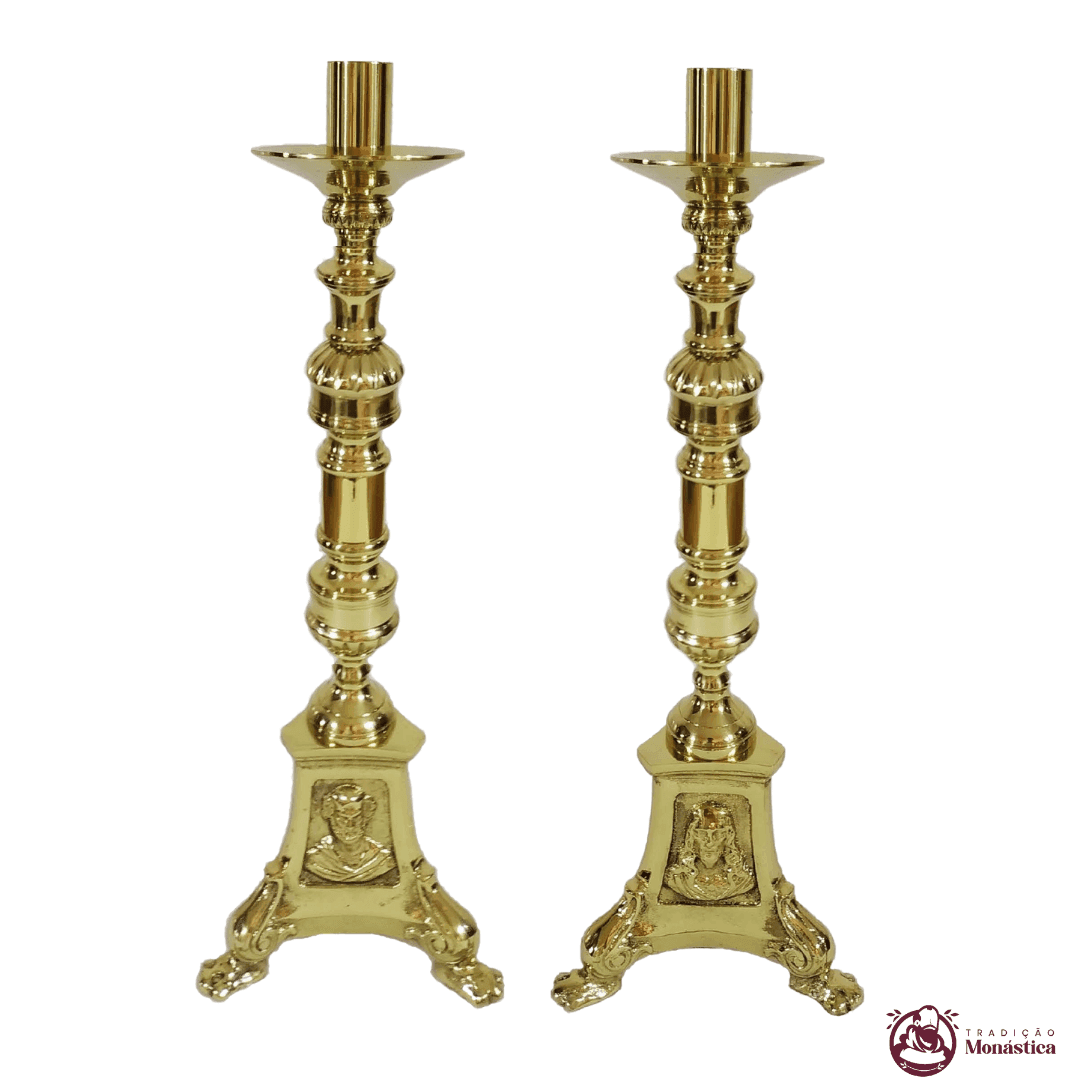 Conjunto de Castiçal de Vela e Cruz para Altar - Base JMJ Grande - Bronze - 3