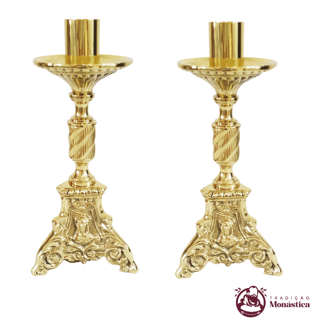 Conjunto de Castiçal de Vela e Cruz para Altar - Base JMJ Pequeno - Bronze - 3