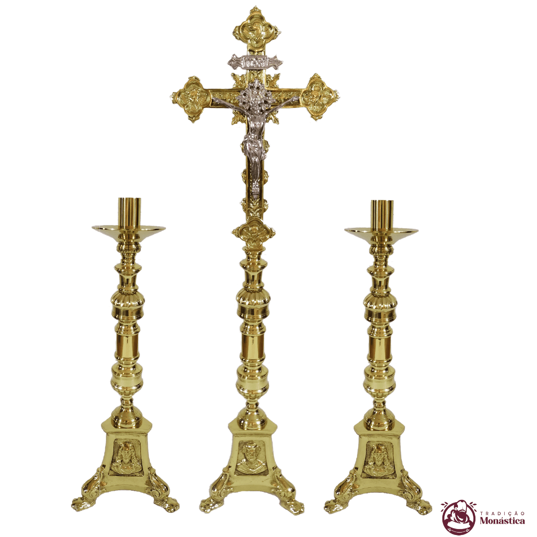 Conjunto de Castiçal de Vela e Cruz para Altar - Base JMJ Grande - Bronze - 2