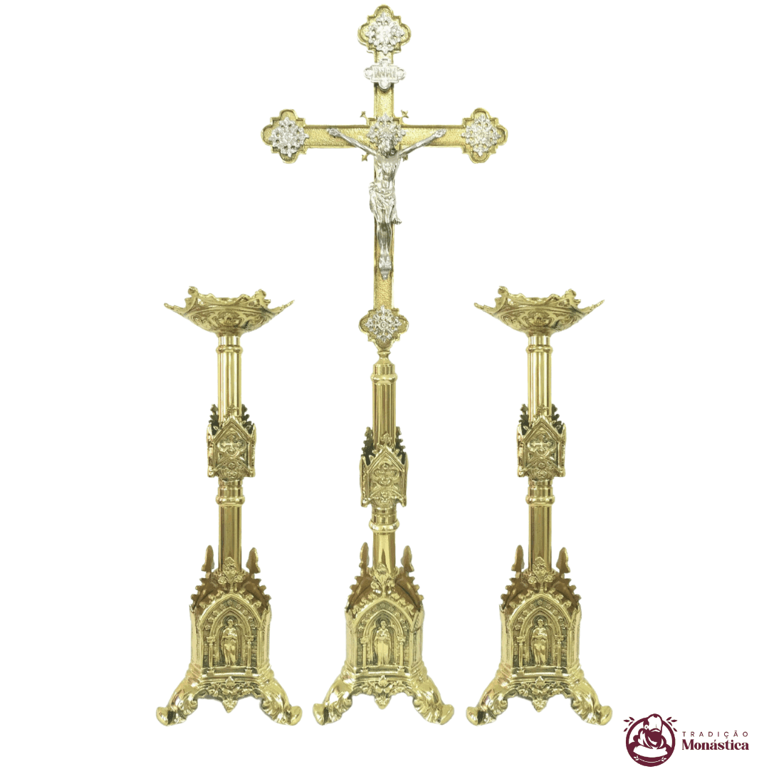 Conjunto de Castiçal de Vela e Cruz para Altar - Gótico  - 2
