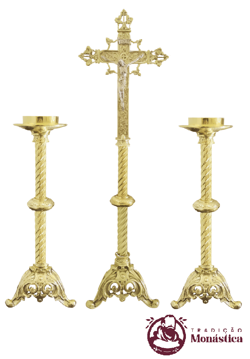 Conjunto de Castiçal de Vela e Cruz para Altar - Tripé - 7pçs Bronze - 2