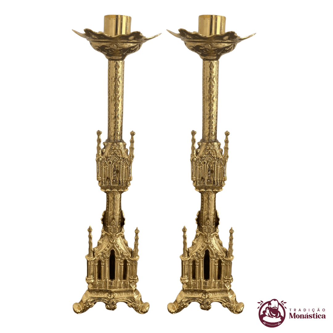 Conjunto de Castiçal de Vela e Cruz para Altar - Gótico Pequeno - Bronze - 3