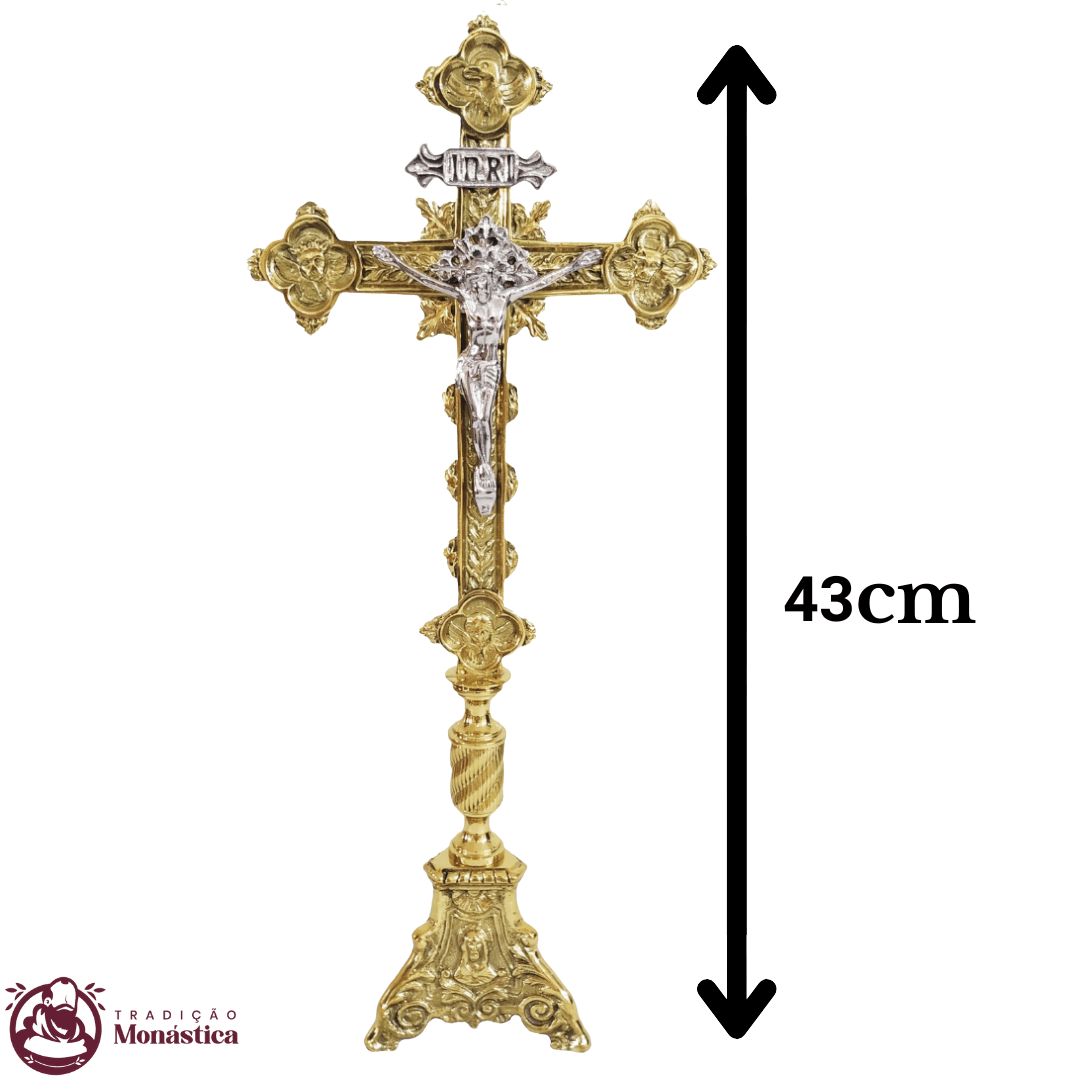 Conjunto de Castiçal de Vela e Cruz para Altar - Base JMJ Pequeno - Bronze - 7