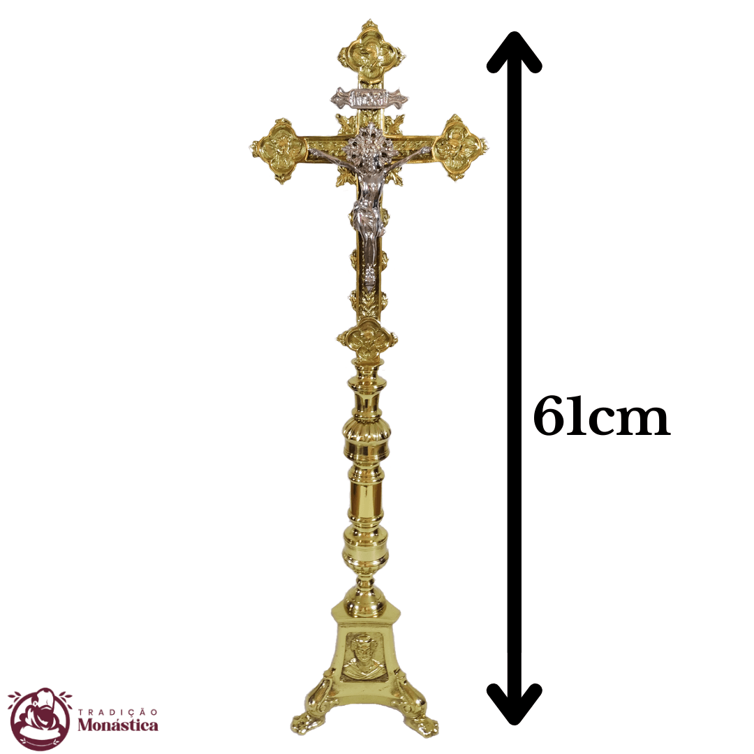 Conjunto de Castiçal de Vela e Cruz para Altar - Base JMJ Grande - 7pçs Bronze - 5