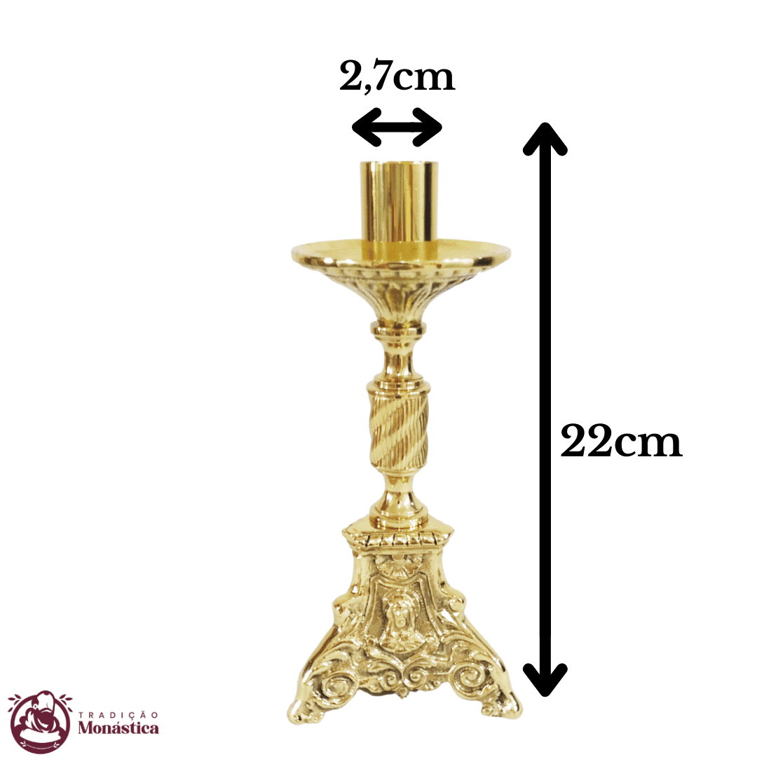 Conjunto de Castiçal de Vela e Cruz para Altar - Base JMJ Pequeno - 7pçs Bronze - 6