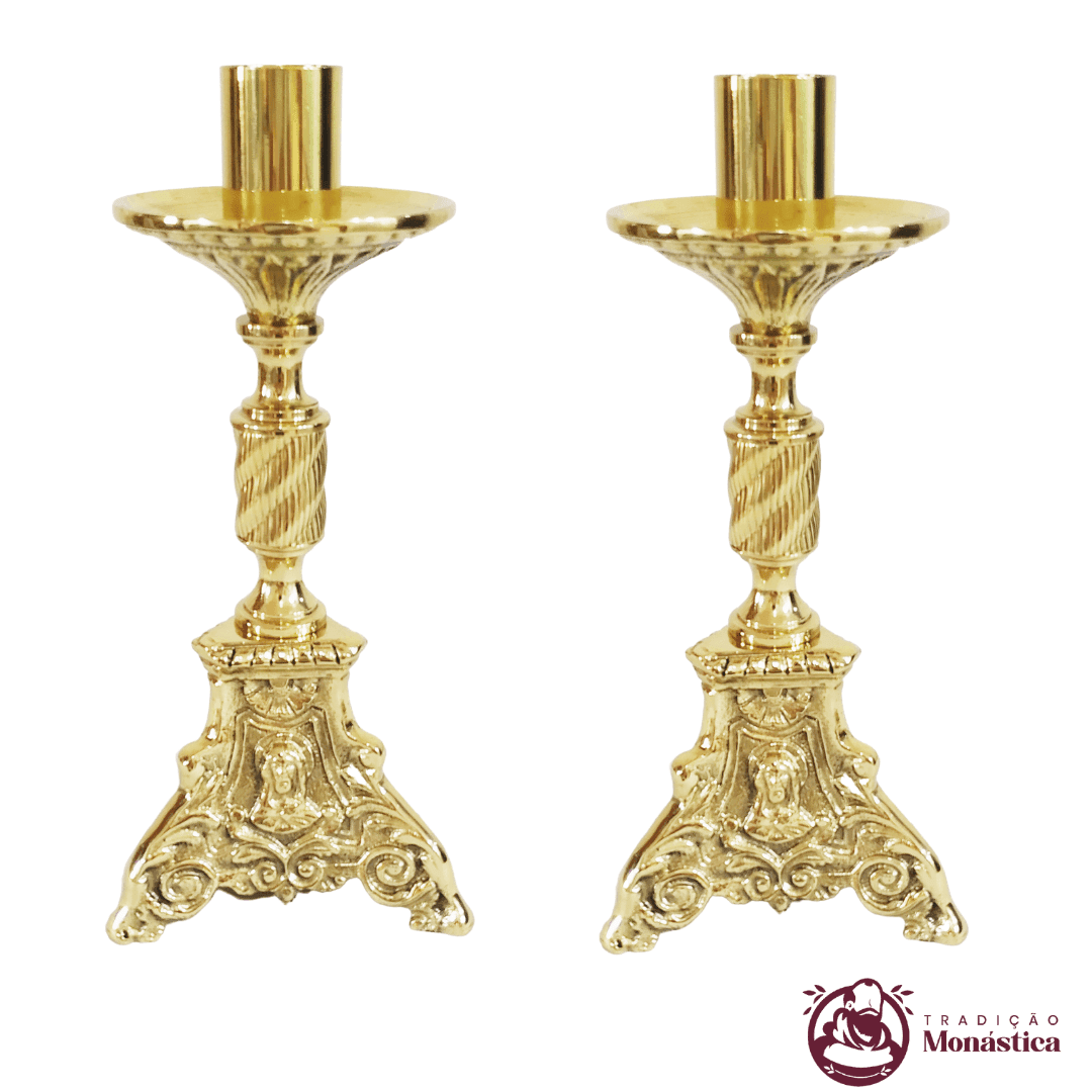 Conjunto de Castiçal de Vela e Cruz para Altar - Base JMJ Pequeno - 7pçs Bronze - 3