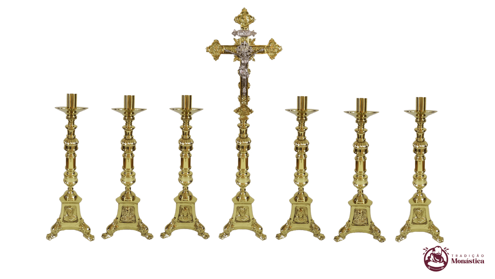 Conjunto de Castiçal de Vela e Cruz para Altar - Base JMJ Grande - 7pçs Bronze - 1