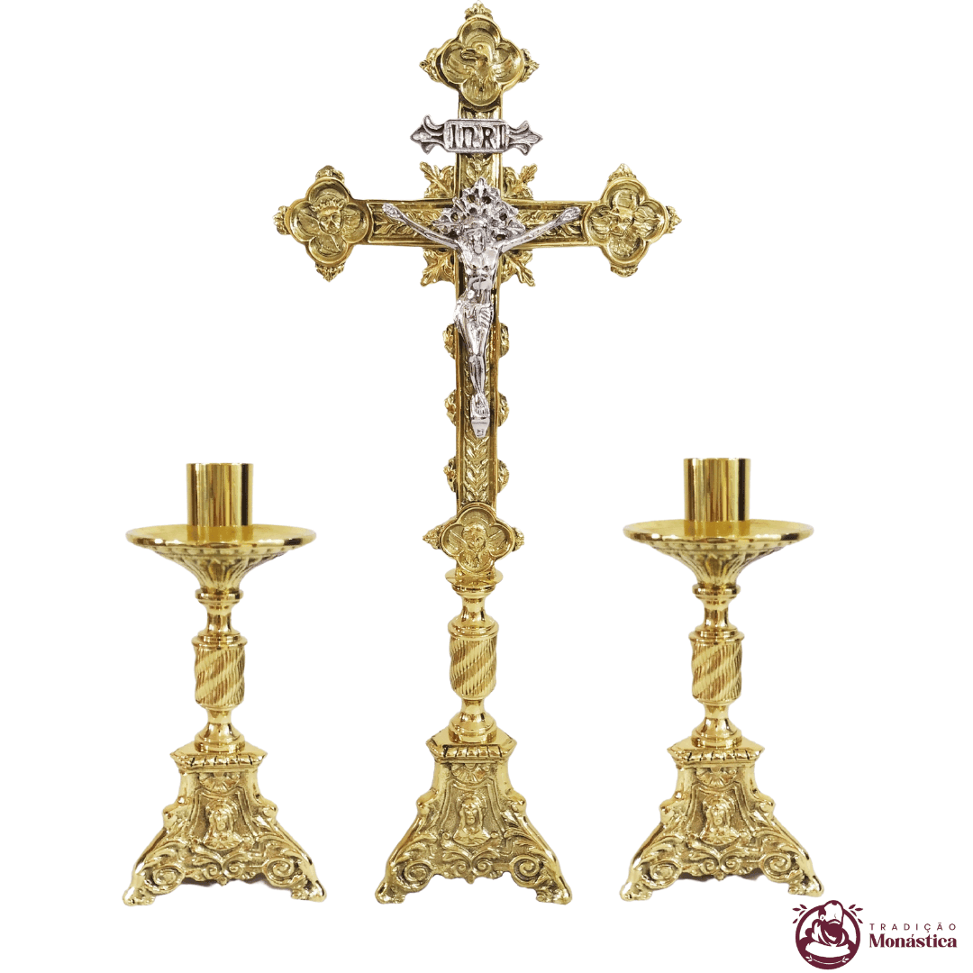 Conjunto de Castiçal de Vela e Cruz para Altar - Base JMJ Pequeno - 7pçs Bronze - 2