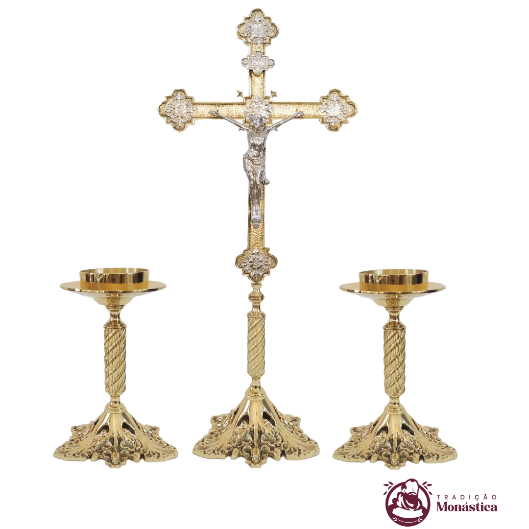 Conjunto de Castiçal de Vela e Cruz para Altar - 7pçs Bronze - 2