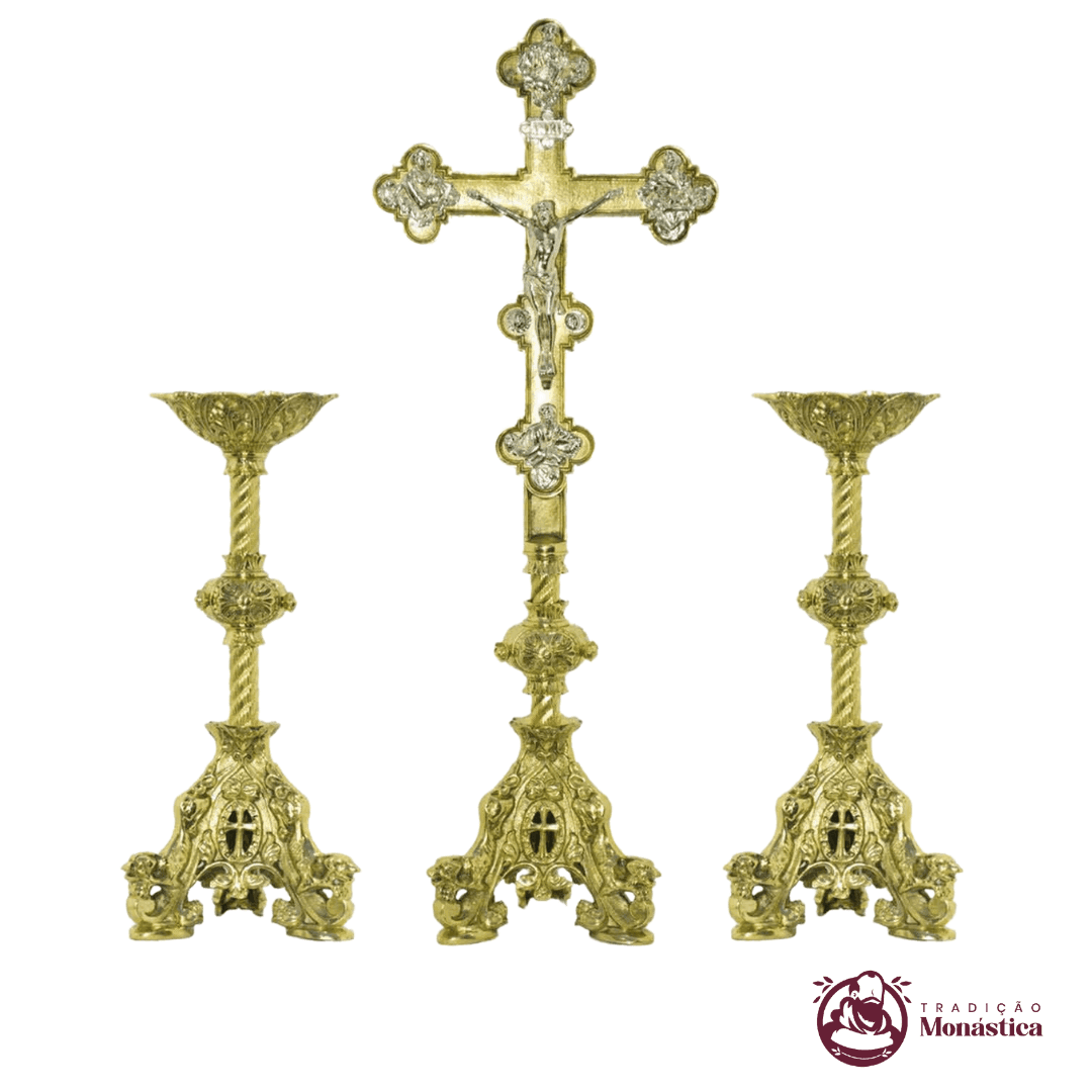 Conjunto de Castiçal de Vela e Cruz para Altar - 7pçs Bronze - 2