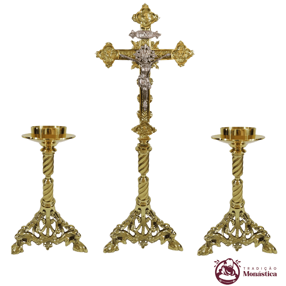 Conjunto de Castiçal de Vela e Cruz para Altar - Pé Leão - 7pçs Bronze - 2