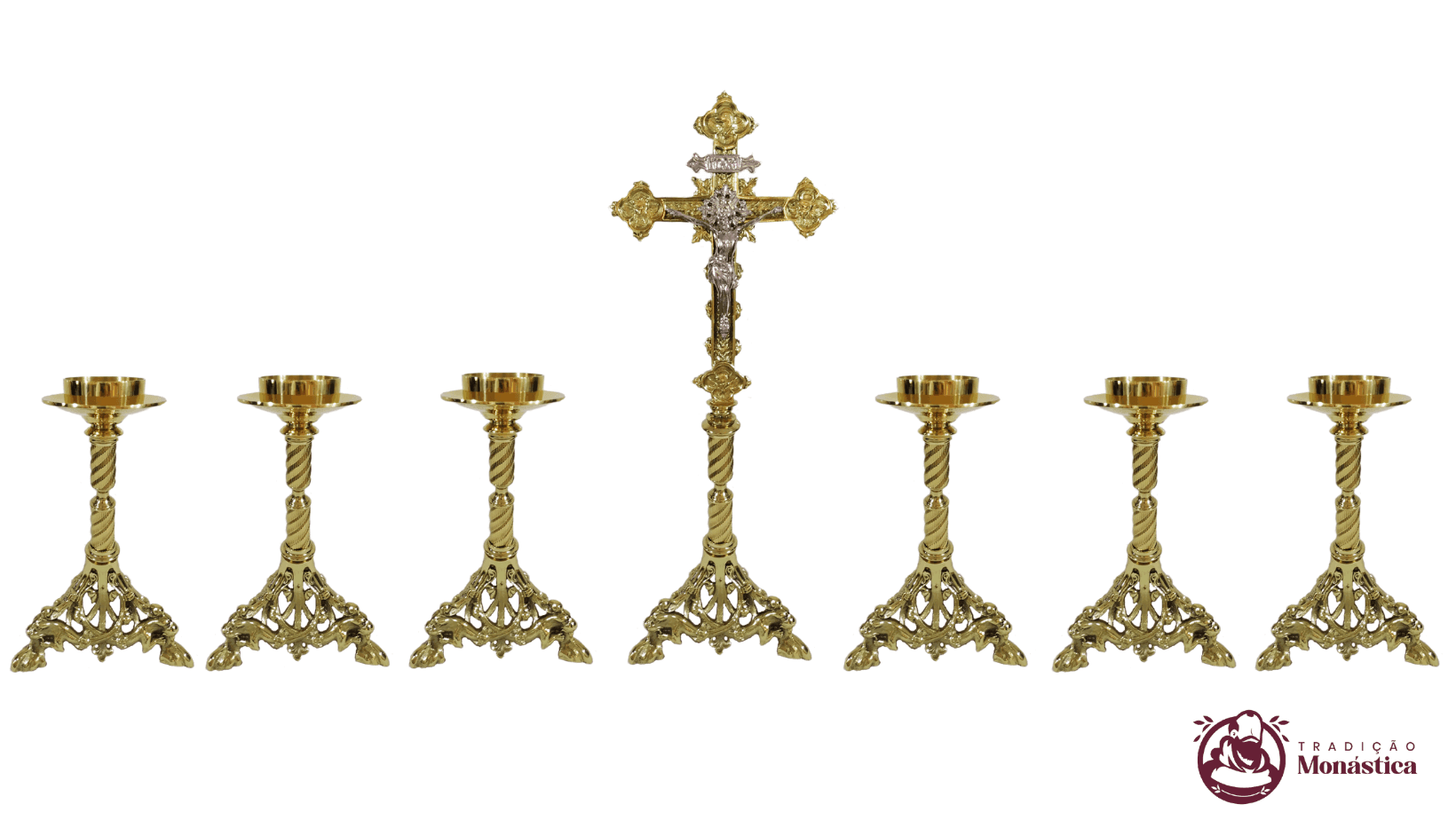 Conjunto de Castiçal de Vela e Cruz para Altar - Pé Leão - 7pçs Bronze - 1
