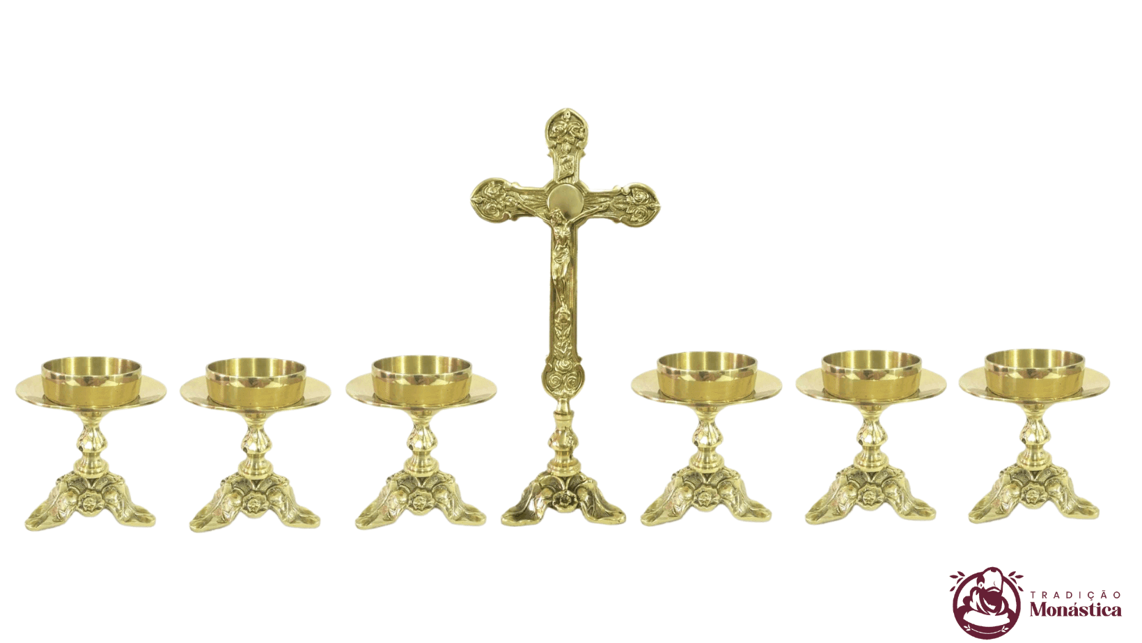 Conjunto Pequeno de Castiçal de Vela e Cruz para Altar - 7pçs Bronze - 1