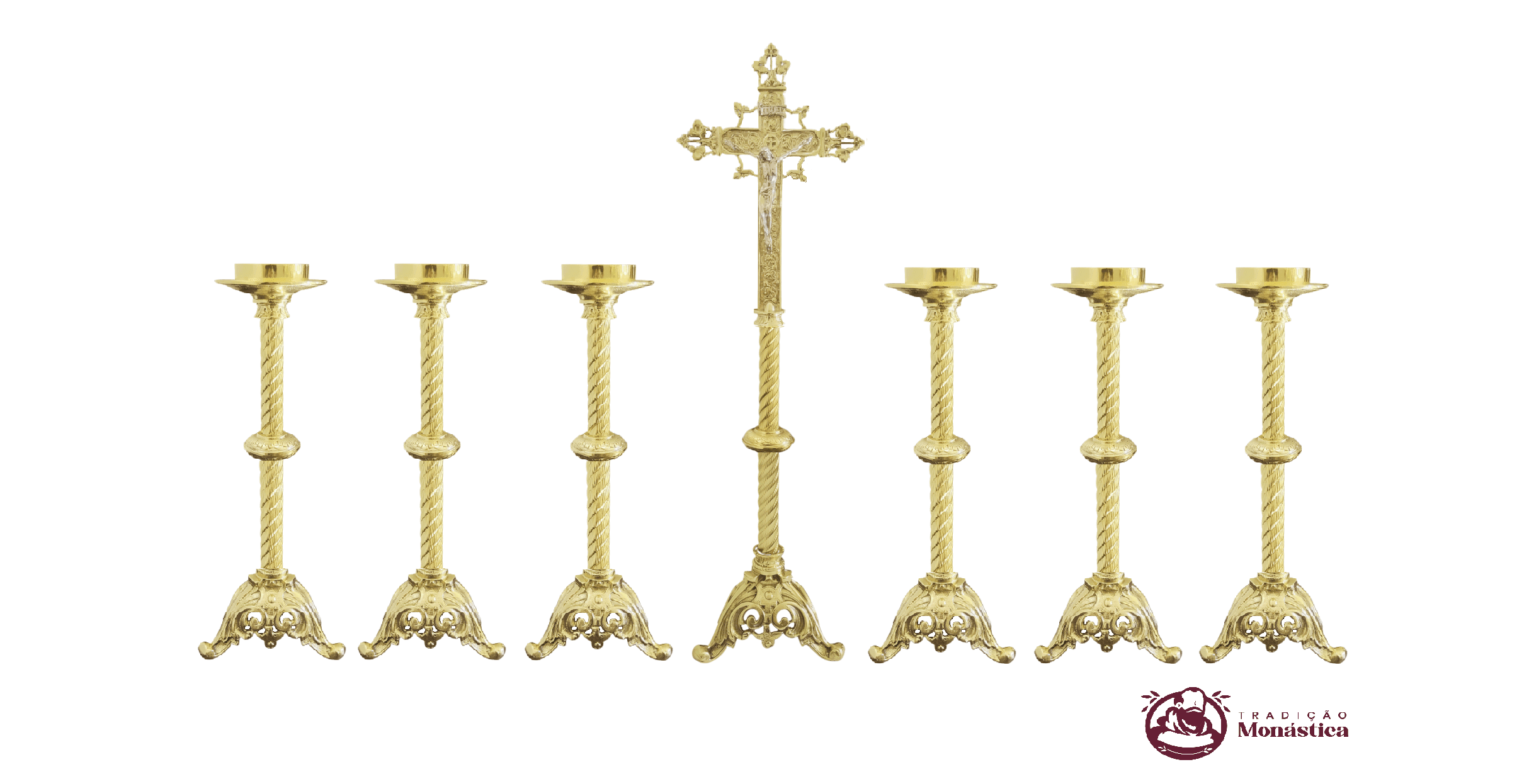 Conjunto de Castiçal de Vela e Cruz para Altar - Tripé - 7pçs Bronze - 1