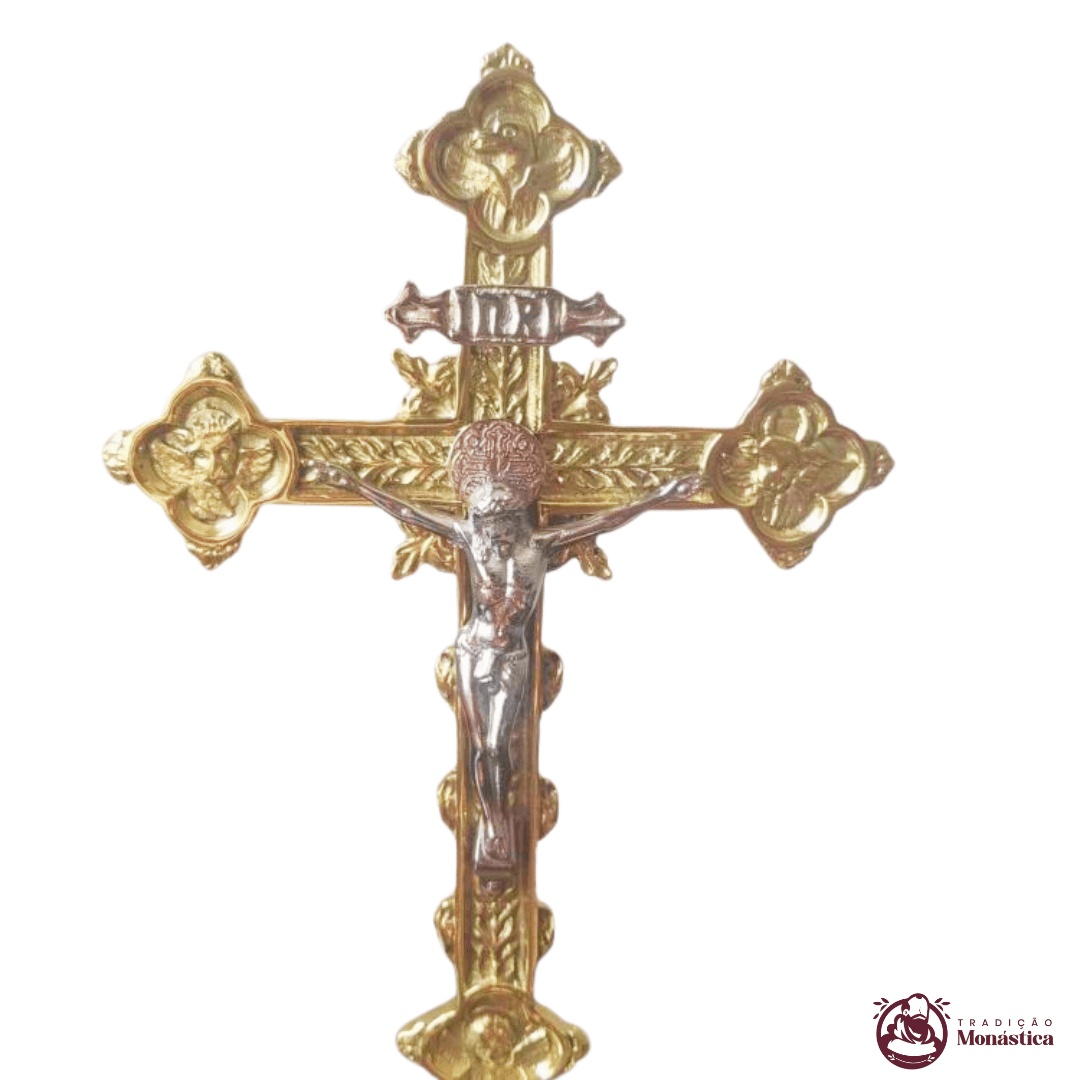 Conjunto de Castiçal de Vela e Cruz para Altar - Base JMJ Pequeno - 7pçs Bronze - 4