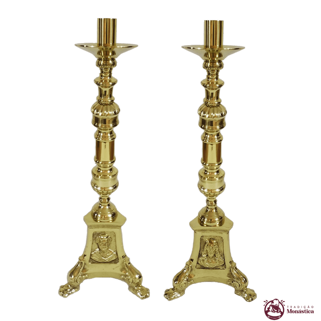 Conjunto de Castiçais de Vela para Altar - Base JMJ Grande - 2pçs Bronze