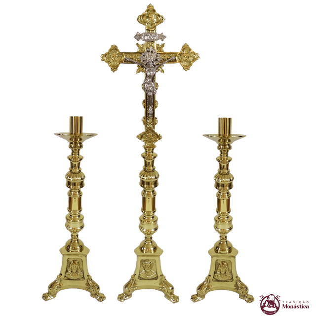 Conjunto de Castiçal de Vela e Cruz para Altar - Base JMJ Grande - 3pçs Bronze