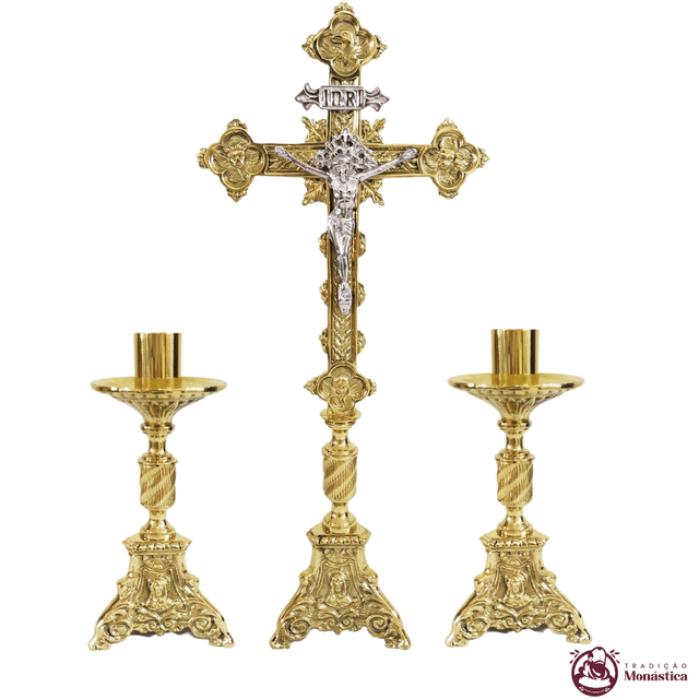 Conjunto de Castiçal de Vela e Cruz para Altar - Base JMJ Pequeno - 3pçs Bronze