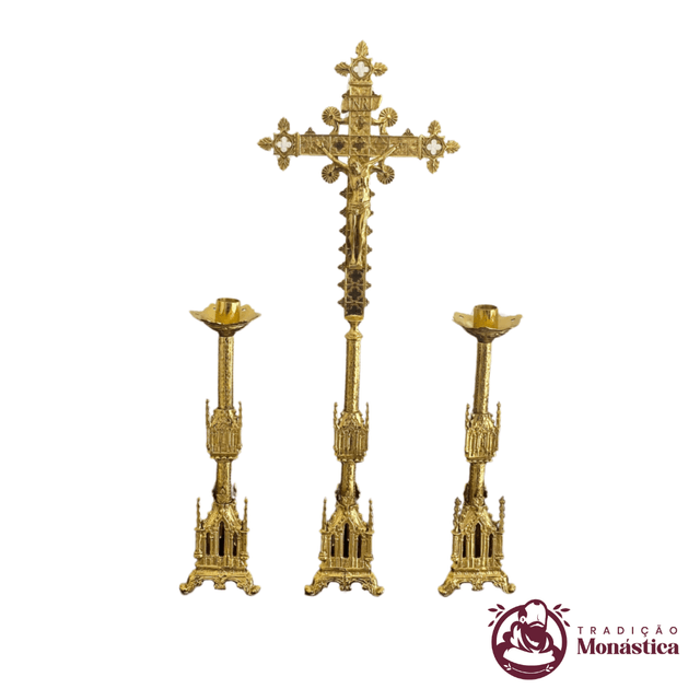 Conjunto de Castiçal de Vela e Cruz para Altar - Gótico Pequeno - 3 pçs Bronze