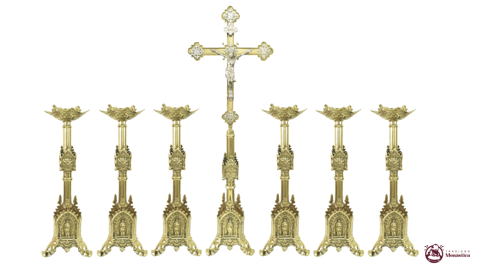 Conjunto de Castiçal de Vela e Cruz para Altar - Gótico - 7pçs Bronze - 1