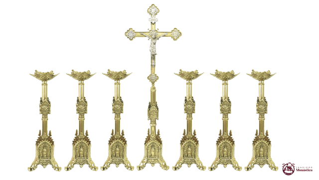 Conjunto de Castiçal de Vela e Cruz para Altar - Gótico - 7pçs Bronze Conjunto de Castiçal de Vela e Cruz para Altar - Gótico - 7pçs Bronze
