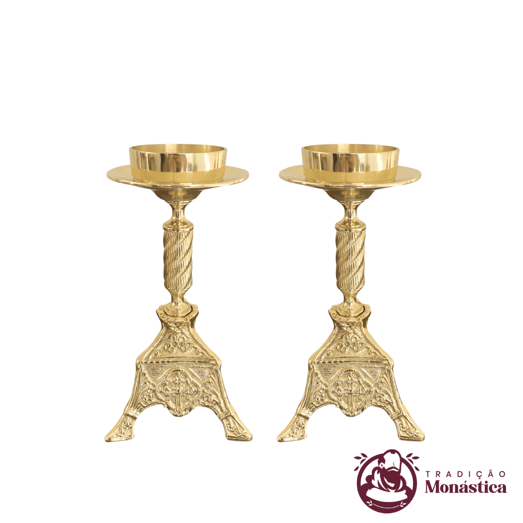 Conjunto de Castiçal de Vela e Cruz para Altar - Exclusivo - 7pçs Bronze - 3
