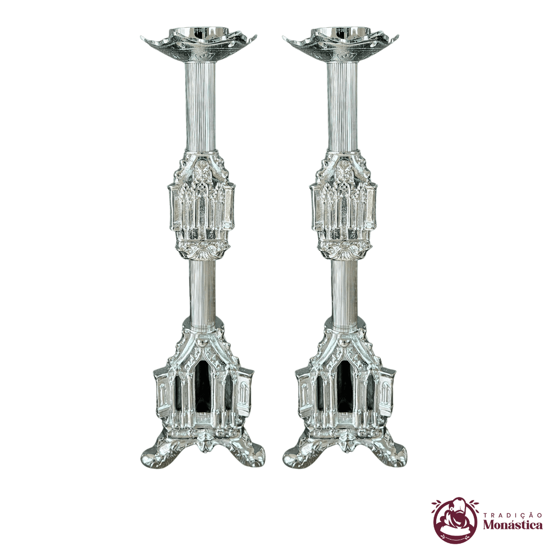 Conjunto de Castiçal de Vela e Cruz para Altar - Gótico - 7pçs Niquelado - 3