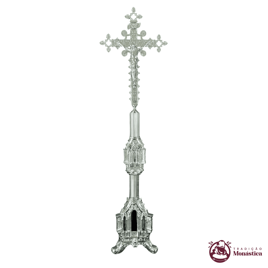 Conjunto de Castiçal de Vela e Cruz para Altar - Gótico - 7pçs Niquelado - 4