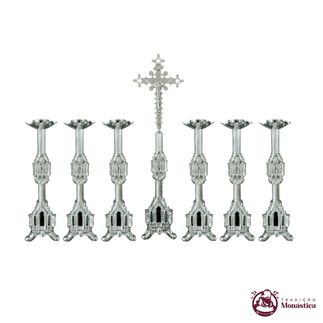 Conjunto de Castiçal de Vela e Cruz para Altar - Gótico - 7pçs Niquelado - 1