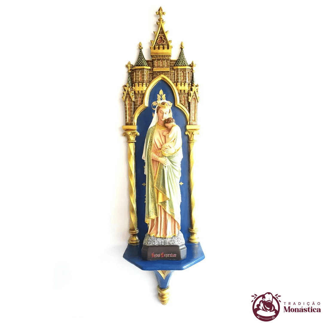 Imagem Nossa Senhora da Sabedoria Policromada - 40cm com Peanha Gótica Imagem Nossa Senhora da Sabedoria Policromada - 40cm com Peanha Gótica